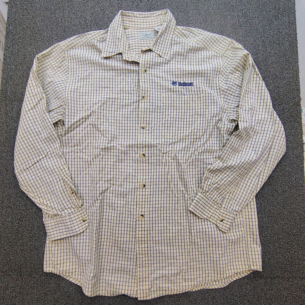 L.L. Bean Bobcat Logo Shirt Mens Size L Yellow Blue Plaid 90s Heritage Button